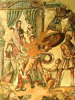 Achille adoré par les princesses de Skyros, une scène de l'Achilléide où Ulysse le découvre déguisé en femme et caché parmi les princesses de la cour royale de Skýros. Mosaïque romaine tardive de la villa romaine de La Olmeda en Espagne, IVe – Ve&nbsp;siècle.