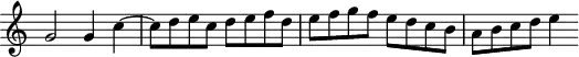 
\version "2.14.2"
\header {
  tagline = ##f
}

\score {
  \new Staff \with {
   \remove "Time_signature_engraver"

  }
  \relative c'' {
    \key c \major
    \time 4/4
    \tempo 4 = 92
    %\autoBeamOff
    \clef treble
    \override Rest #'style = #'classical
    % Ricercare no 6
    g2 g4 c4~ | c8 d e c d | e f d e f g f e d c b a b c d e4 |

  }
  \layout {
    \context {
      \Score
      \remove "Metronome_mark_engraver"

    }
  }
  \midi {}
}
