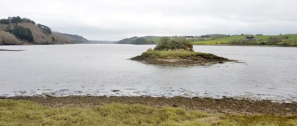 L'Aulne maritime et l'îlot situé au niveau de l'ancien passage de l'Aulne entre Rosnoën et Dinéault.