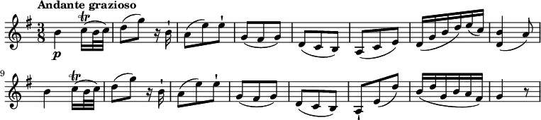 
 \relative c'' {
    \version "2.18.2"
    \key g \major 
    \tempo "Andante grazioso"
    \time 3/8
    b4\p c16\trill (b32 c)
    d8 (g) r16 b,16-!
    a8 (e') e-!
    g, (fis g)
    d (c b)
    a (c e)
    d16 (g b d) e (c)
    <d, b'>4 (a'8)
    b4 c16\trill (b32 c)
    d8 (g) r16 b,16-!
    a8 (e') e-!
    g, (fis g)
    d (c b)
    a-! e' ( d')
    b16 (d g, b a fis)
    g4 r8
}
