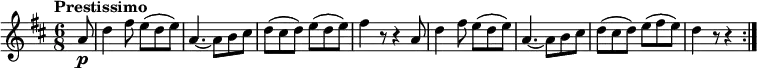 
\relative c'' {
  \version "2.18.2"
    \key d \major
    \time 6/8   
    \tempo "Prestissimo"
    \tempo 4 = 180
    \partial 8 a8 \p
    d4 fis8 e (d e)
    a,4. ~ a8 b cis
    d (cis d) e (d e)
    fis4 r8 r4 a,8
    d4 fis8 e (d e)
    a,4. ~ a8 b cis
    d (cis d) e (fis e)
    d4 r8 r4 \bar ":|."
}
