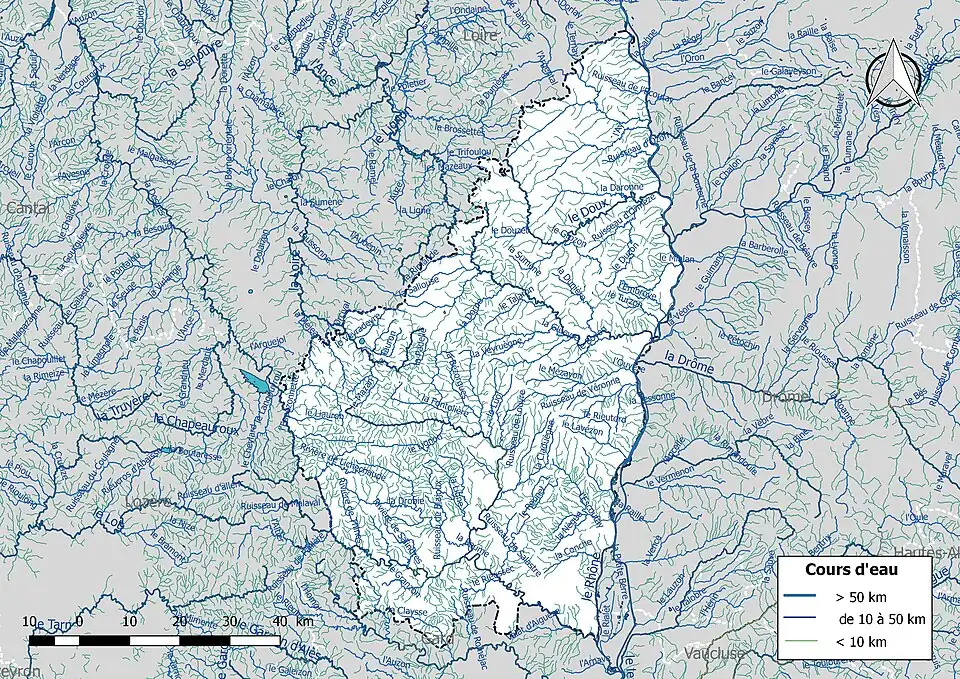 Carte de l'ensemble du réseau hydrographique de l'Ardèche.