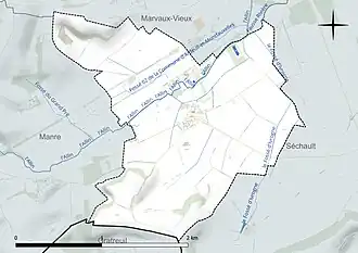 Carte en couleur présentant le réseau hydrographique de la commune