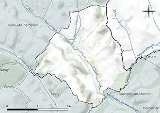 Carte en couleur présentant le réseau hydrographique de la commune