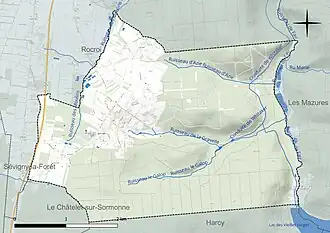 Carte en couleur présentant le réseau hydrographique de la commune