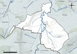Carte en couleur présentant le réseau hydrographique de la commune
