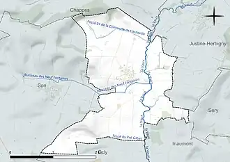 Carte en couleur présentant le réseau hydrographique de la commune