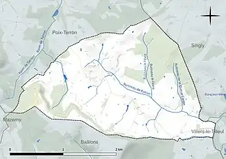 Carte en couleur présentant le réseau hydrographique de la commune