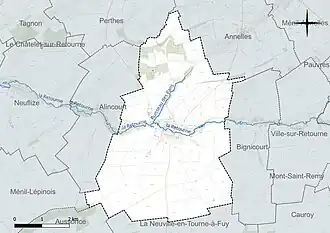 Carte en couleur présentant le réseau hydrographique de la commune