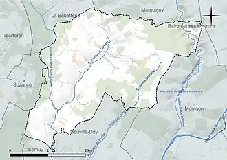 Carte en couleur présentant le réseau hydrographique de la commune