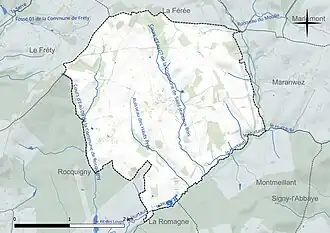 Carte en couleur présentant le réseau hydrographique de la commune