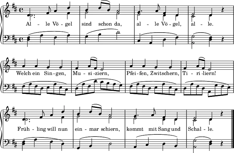 
\header { tagline = ##f }
\score
{
  { \new PianoStaff <<
    \new Staff \with { \consists "Merge_rests_engraver" } {
      \key d \major \relative g' <<
        { \voiceOne
          d4. fis8 a4 d | b d8 (b) a2 | g4. a8 fis4 d | e2 d4 r |
          \repeat unfold 2 {a' a g g | fis a8( fis) e2 | }
          d4. fis8 a4 d | b d8 (b) a2 | g4. a8 fis4 d | e2 d4 r \bar "|."
        }
        \addlyrics {
        Al -- le Vö -- gel sind schon_ da,
        al -- le Vö -- gel, al -- le.
        Welch ein Sin -- gen, Mu -- si_ -- ziern,
        Pfei -- fen, Zwit -- schern, Ti -- ri_ -- liern!
        Früh -- ling will nun ein -- mar_ -- schiern,
        kommt mit Sang und Schal -- le. }
       \\
        { d2. fis4 | g2 fis |e d4 d | cis2 d4 r4 |
          s1 | s1 |s1 | s1 |
          d2. fis4 | g2 fis | e d4 d | cis2 d4 r
        }
    \new Staff { \clef bass
      << \key d \major \relative g
      { <fis d>4 (a fis a) | g (b d2) | cis,4 (a d fis) | <g a,>2 (<fis d>4) r4 |
        fis8\pp (a fis d e a e cis) | d (a' fis d' cis b a g) |
        fis8 (a fis d e a e cis) | d (a' fis d a g' fis e) |
        <fis d>4\mf (a fis d) | g, (b d2) | a4 (cis d b) | <g' a,>2 (<fis d>4) r4
      }
      >>
    }
    >>
    }
  >>
  }
  \layout { indent = 0
    \context { \Score \remove "Bar_number_engraver" }
    \context { \Voice \remove "Dynamic_engraver" } }
  \midi { \tempo 4 = 132 }
}

