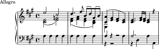 
\version "2.18.2"
\header {
  tagline = ##f
}
upper = \relative c' {
  \clef treble 
  \key a \major
  \time 4/4
  \tempo 4 = 130
  %\override TupletBracket.bracket-visibility = ##f

   %%Mozart — Concerto 23 mvt 1, th. 1
   << { e'2~ cis d4. fis8 b,( d) gis,( b) < a cis, >4( < gis e > < fis d > < e cis >) q4. < gis e >16 < fis d > < e cis >4 r4 } \\ { < e cis >2( < g e >) < fis d >4( < a fis > < fis d > < d b >) e, } >>

}

lower = \relative c {
  \clef bass
  \key a \major
  \time 4/4

   a'4 a a a a a a a
   << { a4 r4 r2 a2. } \\ { r4 r2 a4 r4 d,4 a' a, } >>
}

  \header {
    piece = "Allegro"
  }

\score {
  \new PianoStaff <<
    \new Staff = "upper" \upper
    \new Staff = "lower" \lower
  >>
  \layout {
    \context {
      \Score
      \remove "Metronome_mark_engraver"
    }
  }
  \midi { }
}
