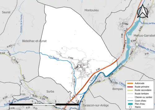 Carte en couleur présentant le réseau hydrographique de la commune