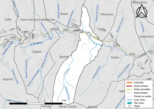 Carte en couleur présentant le réseau hydrographique de la commune