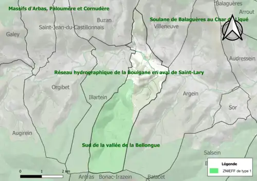 Carte des ZNIEFF de type 1 sur la commune.