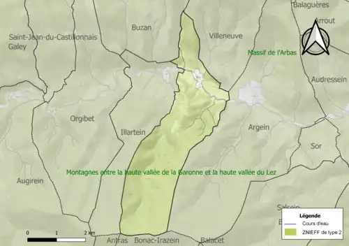 Carte des ZNIEFF de type 2 sur la commune.