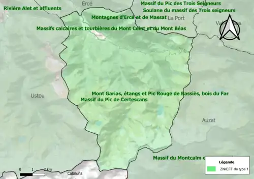 Carte des ZNIEFF de type 1 sur la commune.