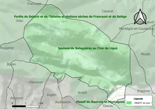 Carte des ZNIEFF de type 1 sur la commune.