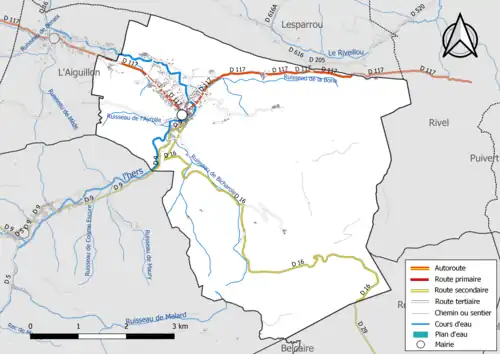 Carte en couleur présentant le réseau hydrographique de la commune