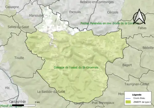 Carte de la ZNIEFF de type 2 sur la commune.