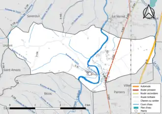 Carte en couleur présentant le réseau hydrographique de la commune