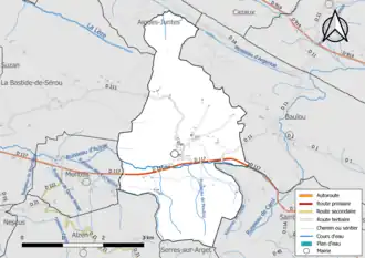 Carte en couleur présentant le réseau hydrographique de la commune