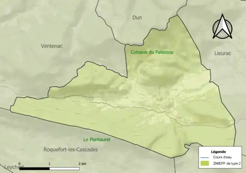 Carte des ZNIEFF de type 2 sur la commune.