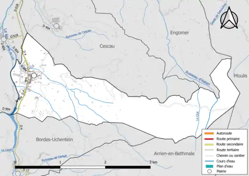 Carte en couleur présentant le réseau hydrographique de la commune