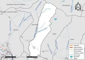 Carte en couleur présentant le réseau hydrographique de la commune