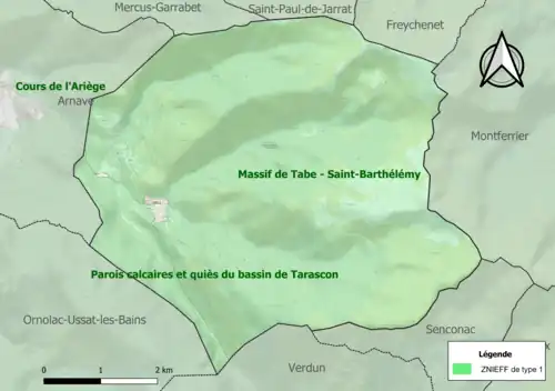 Carte des ZNIEFF de type 1 sur la commune.