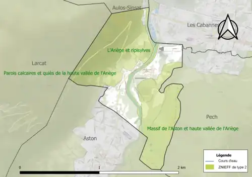 Carte des ZNIEFF de type 2 sur la commune.