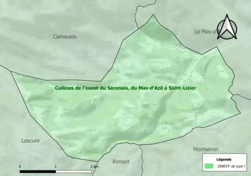 Carte de la ZNIEFF de type 1 sur la commune.