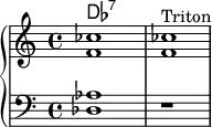 

\new PianoStaff << 
\new ChordNames {\chordmode {des:7 }}
  \new Staff { \clef "treble"  <f' ces''>1 <f' ces''>1^Triton}
  \new Staff { \clef "bass" { <des aes>1 } r1}
>>
