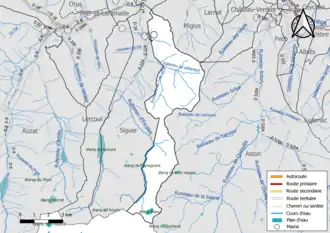 Carte en couleur présentant le réseau hydrographique de la commune