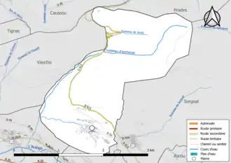 Carte en couleur présentant le réseau hydrographique de la commune