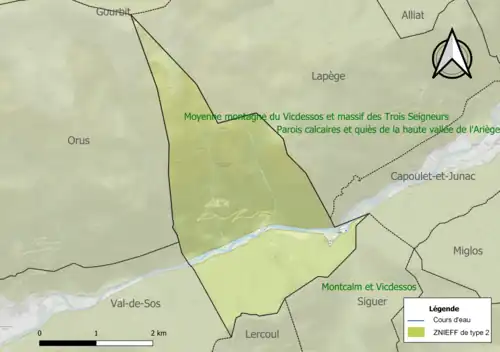 Carte des ZNIEFF de type 2 sur la commune.