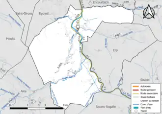 Carte en couleur présentant le réseau hydrographique de la commune