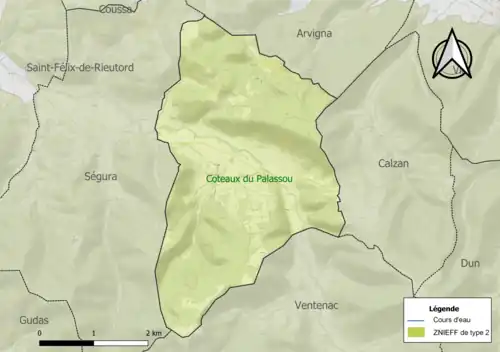 Carte de la ZNIEFF de type 2 sur la commune.