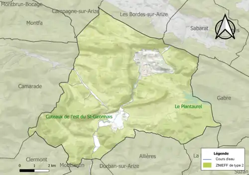 Carte des ZNIEFF de type 2 sur la commune.