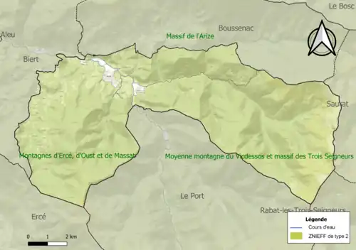 Carte des ZNIEFF de type 2 sur la commune.