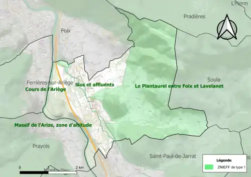 Carte des ZNIEFF de type 1 sur la commune.