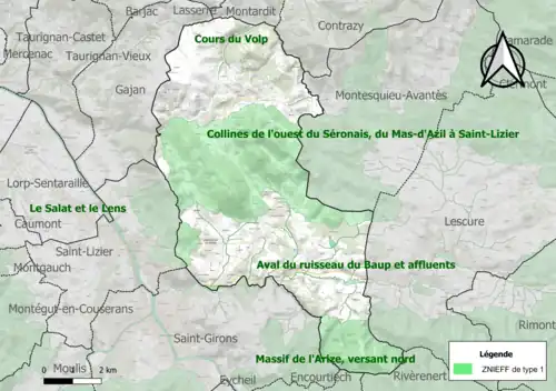 Carte des ZNIEFF de type 1 sur la commune.