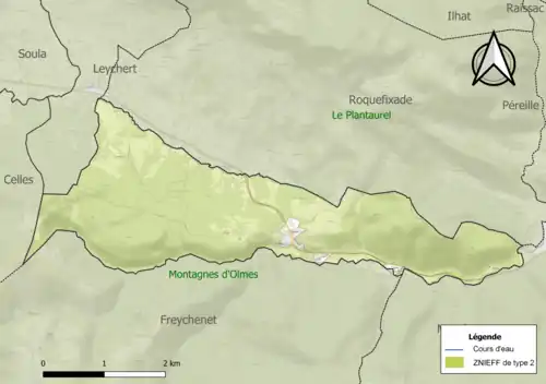 Carte des ZNIEFF de type 2 sur la commune.