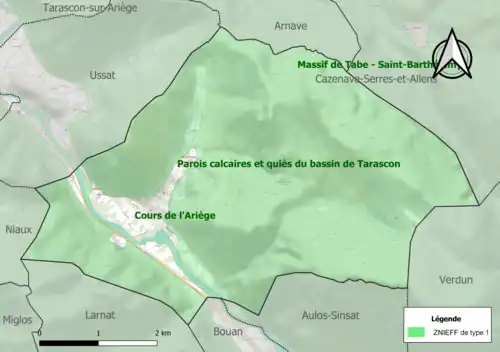 Carte des ZNIEFF de type 1 sur la commune.