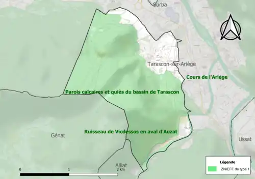 Carte des ZNIEFF de type 1 sur la commune.