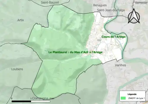 Carte des ZNIEFF de type 1 sur la commune.