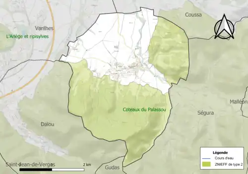 Carte de la ZNIEFF de type 2 sur la commune.