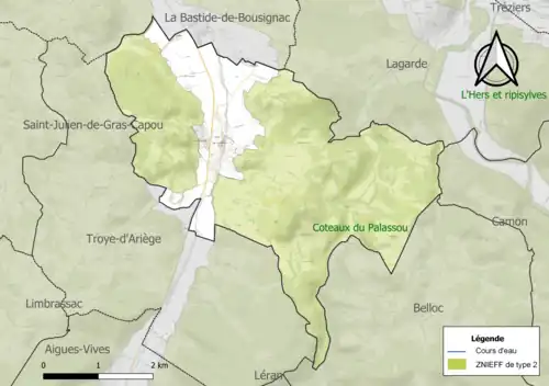 Carte de la ZNIEFF de type 2 sur la commune.