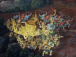 Phra Rama tue Mangkorn Kan (Dragon Kan). Peinture restaurée entre 1930 et 1932 sous la responsabilité de Hem Vejakorn.